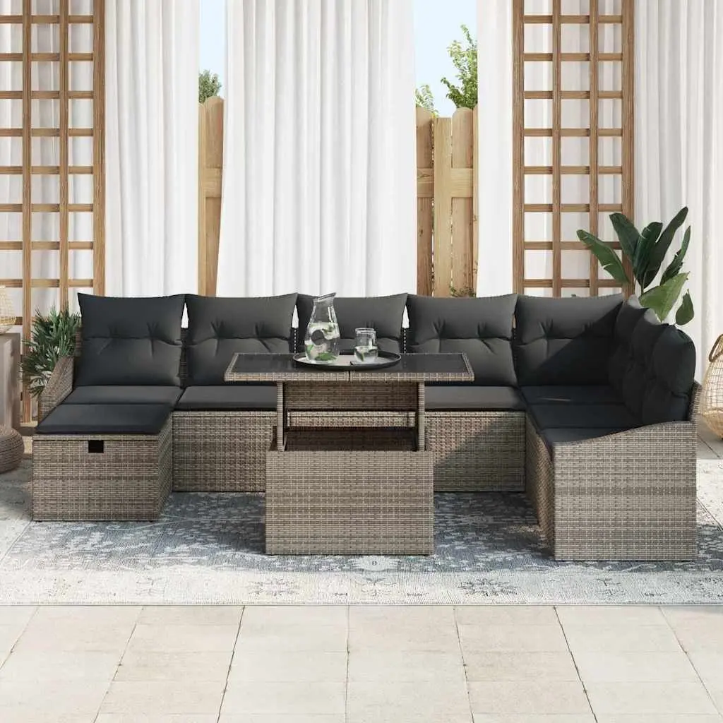 Modular Sofa Set Outdoor 9 Piece Grey Height-Adjustable Rattan with Acacia Wood