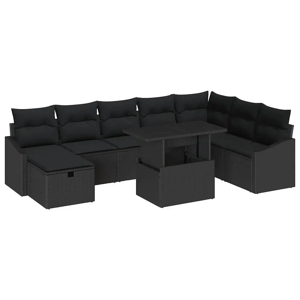 Modular Garden Sofa Set Height-Adjustable Table 9 Pieces Black Poly Rattan