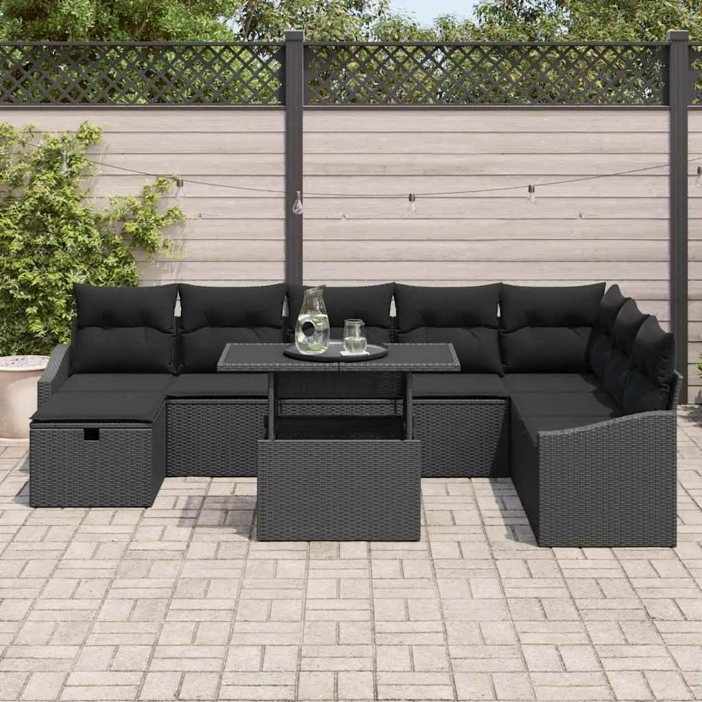 Modular Garden Sofa Set Height-Adjustable Table 9 Pieces Black Poly Rattan