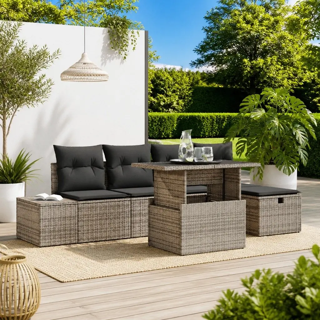 Outdoor Furniture Modular Sofa Set Grey Poly Rattan Height Adjustable 6 Piece