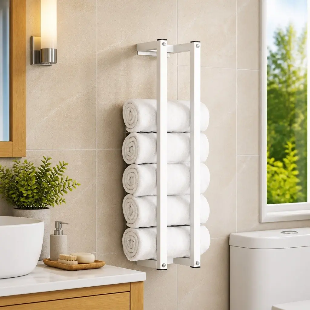 Towel Rack White Wall-Mounted Bathroom Storage Holder Steel Frame Stand