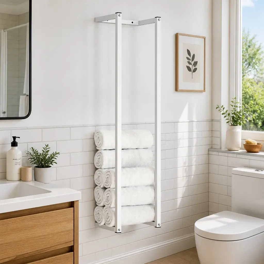 Towel Rack Wall Mount White Steel Bathroom Organizer 25x20x95 cm