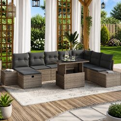 Garden Sofa Set 9 Pieces Modular Outdoor Furniture Height-Adjustable Table Grey