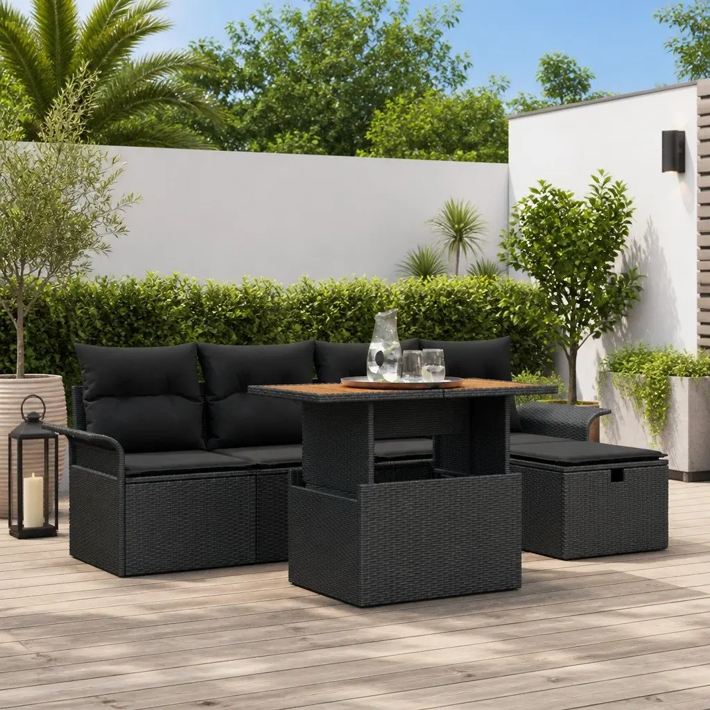 Outdoor Furniture Set Modern Height Adjustable 6-Piece Black Poly Rattan