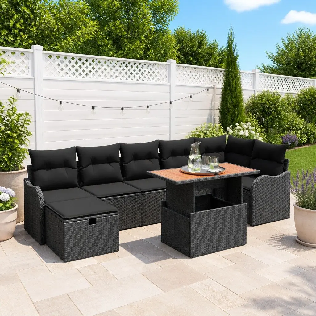 Modular Black Poly Rattan Outdoor Sofa Set 8 Piece with Hidden Storage and Weather Resistant Frame
