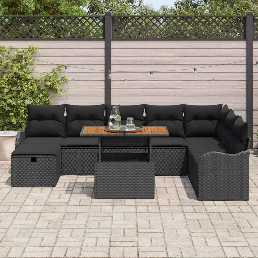 9 Piece Outdoor Lounge Set Black Poly Rattan Sofa with Steel Legs and Acacia Wood Table