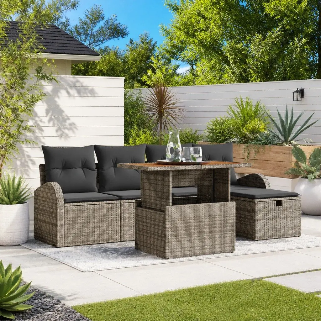Garden Sofa Set 6-Piece Poly Rattan Outdoor Furniture with Height-Adjustable