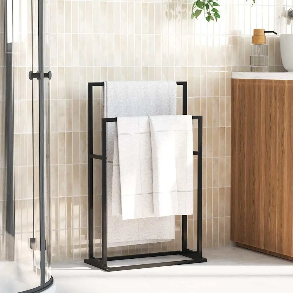 Freestanding Towel Rack 2 Tier Black Iron Bathroom Storage Holder Stand