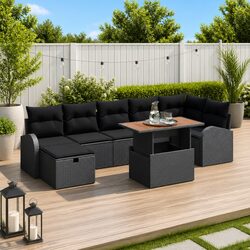 Garden Sofa Set Height-Adjustable 8 Pieces Black Modular Outdoor Furniture Poly