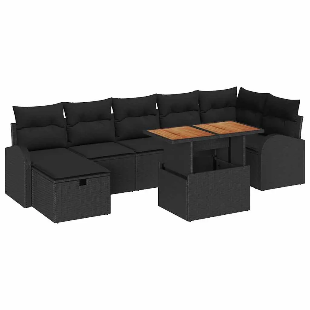 Modular Garden Sofa Set Adjustable Height 8 Pieces Black Contemporary Outdoor Poly Rattan Acacia Wood