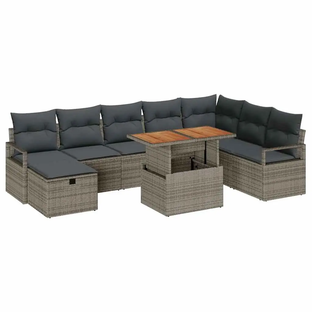Garden Sofa Set Height-Adjustable 9 Pieces Grey Poly Rattan Outdoor Furniture