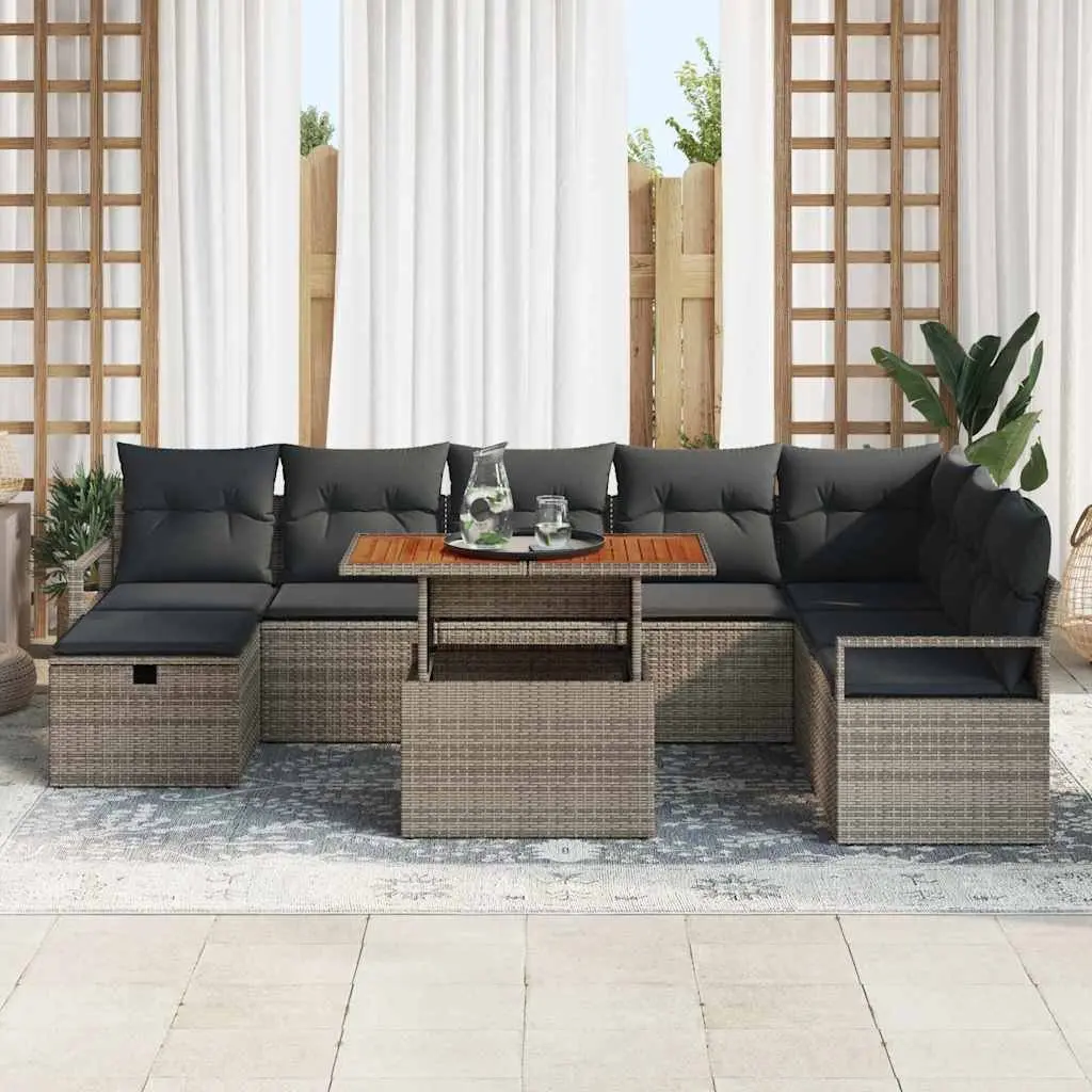 Garden Sofa Set Height-Adjustable 9 Pieces Grey Poly Rattan Outdoor Furniture