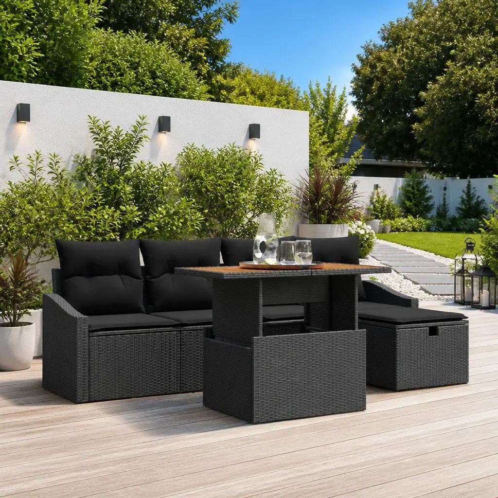Outdoor Furniture Set 6 Piece Height-Adjustable Black Poly Rattan Garden Sofa
