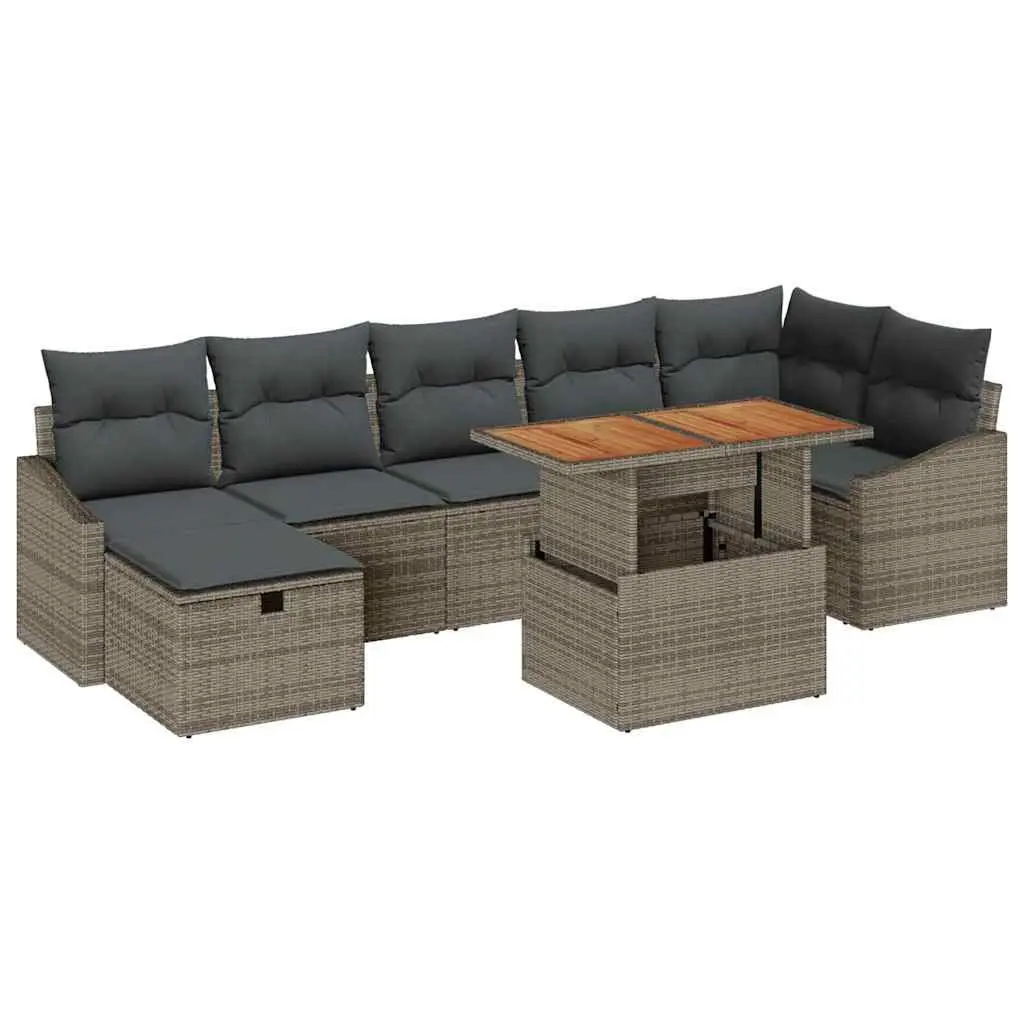 8 Piece Height-Adjustable Grey Garden Sofa Set with Steel Frame Solid Acacia Wood and Poly Rattan for Outdoor Patio Spaces