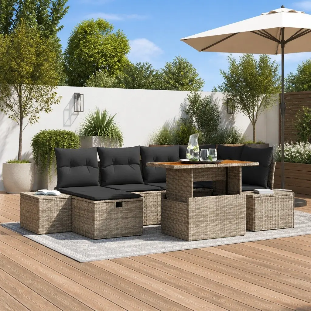Height-Adjustable 7 Piece Grey Outdoor Sofa Set with Poly Rattan Seating and Steel Frame