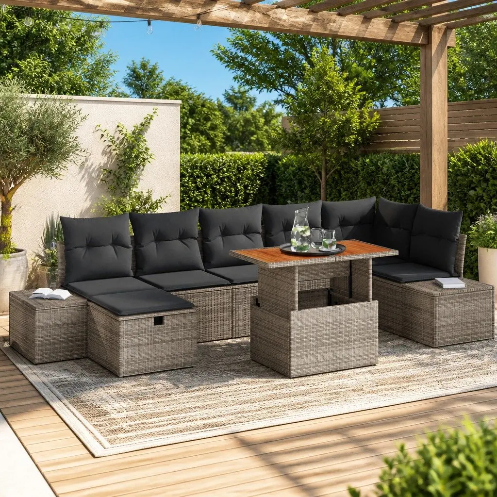 Modular Garden Sofa Set 8 Piece Grey Rattan Outdoor Furniture with Height Adjustable Legs