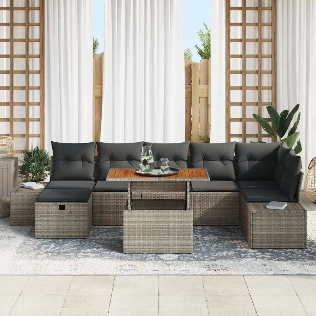 Modular Garden Sofa Set 8 Piece Grey Rattan Outdoor Furniture with Height Adjustable Legs