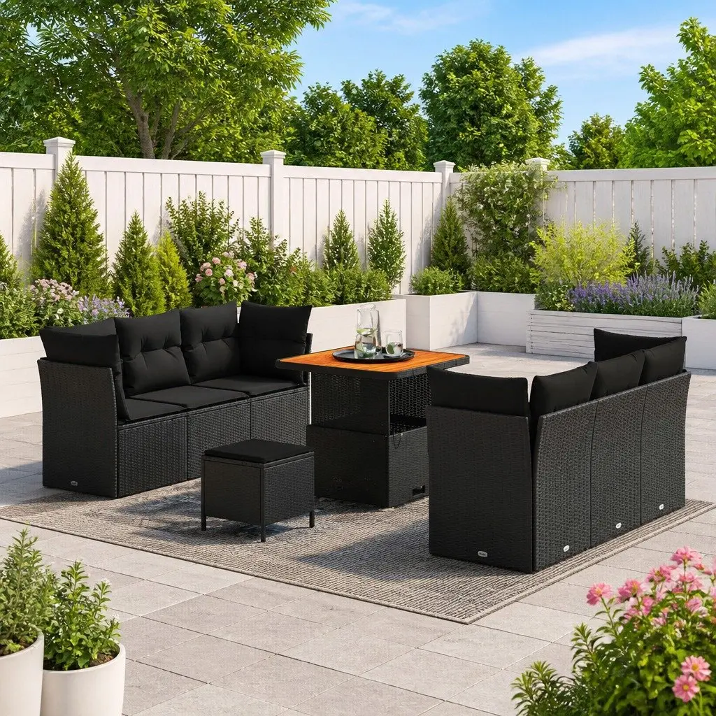 Height-Adjustable 9-Piece Modular Outdoor Sofa Set Black Weather-Resistant Furniture for Gardens Balconies and Terraces