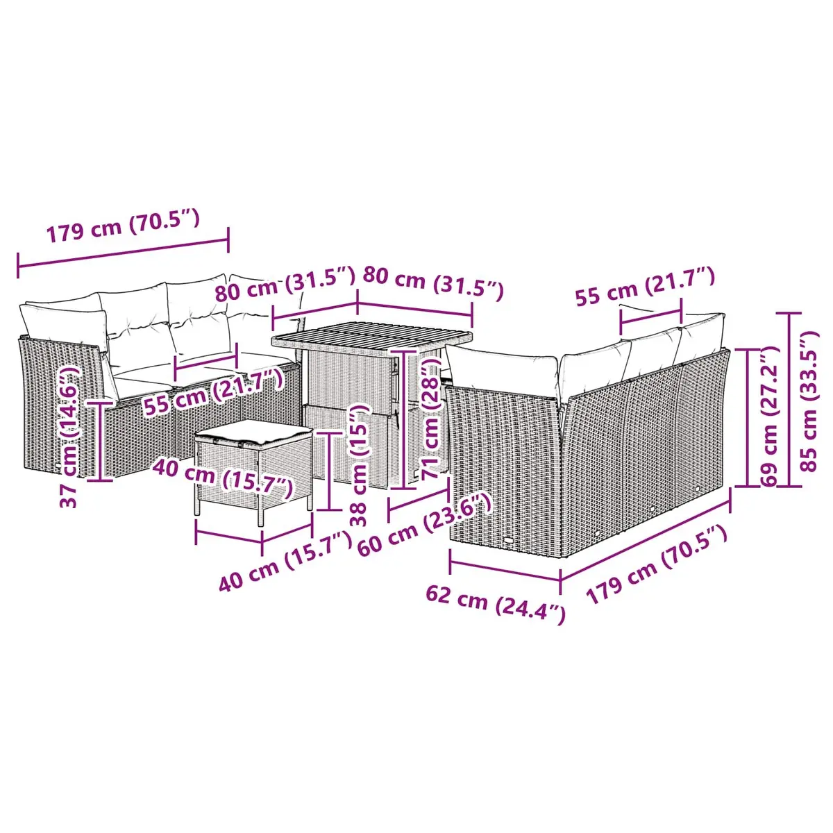 Height-Adjustable 9-Piece Modular Outdoor Sofa Set Black Weather-Resistant Furniture for Gardens Balconies and Terraces