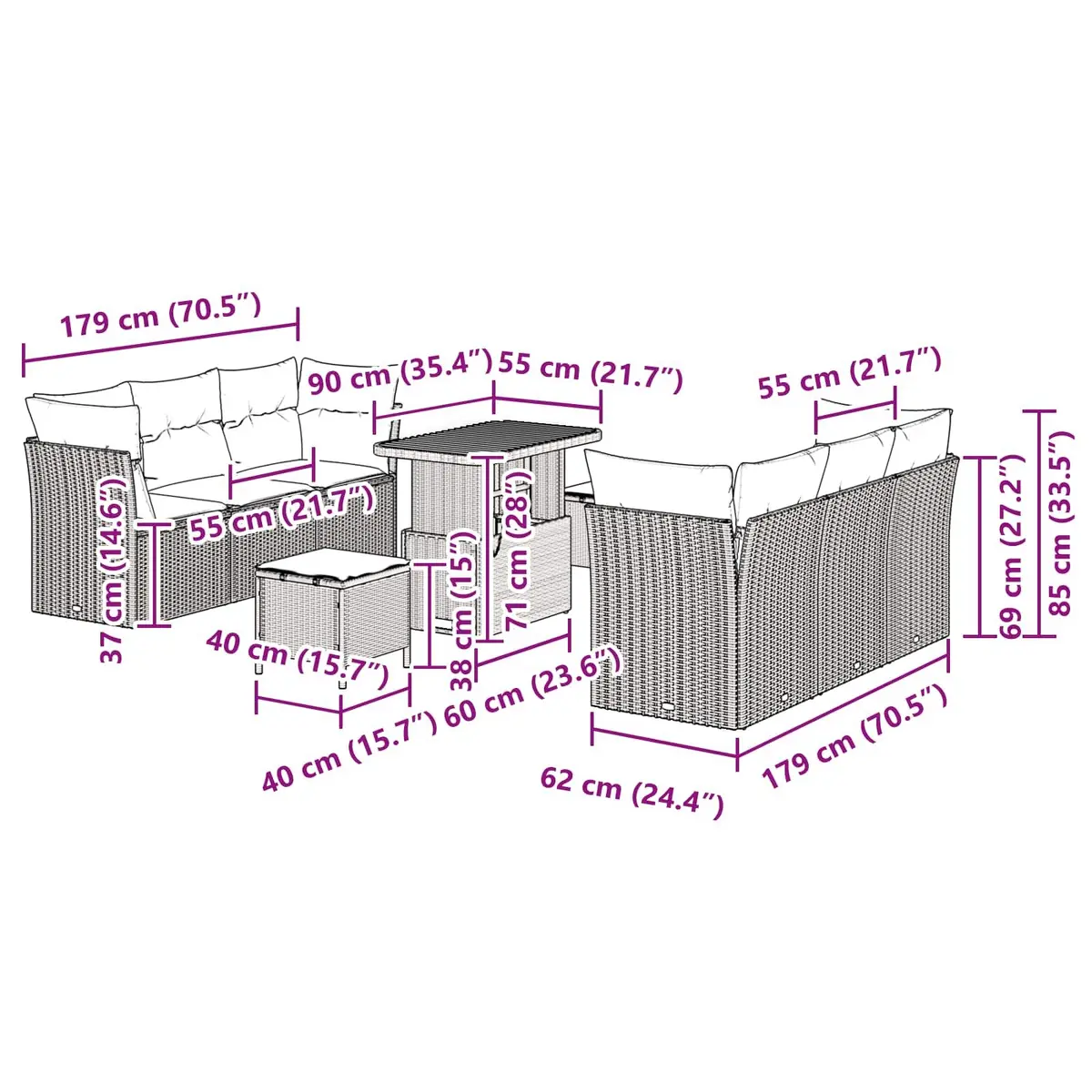 Modular Garden Sofa Set Black Poly Rattan 9 Pieces Outdoor Furniture