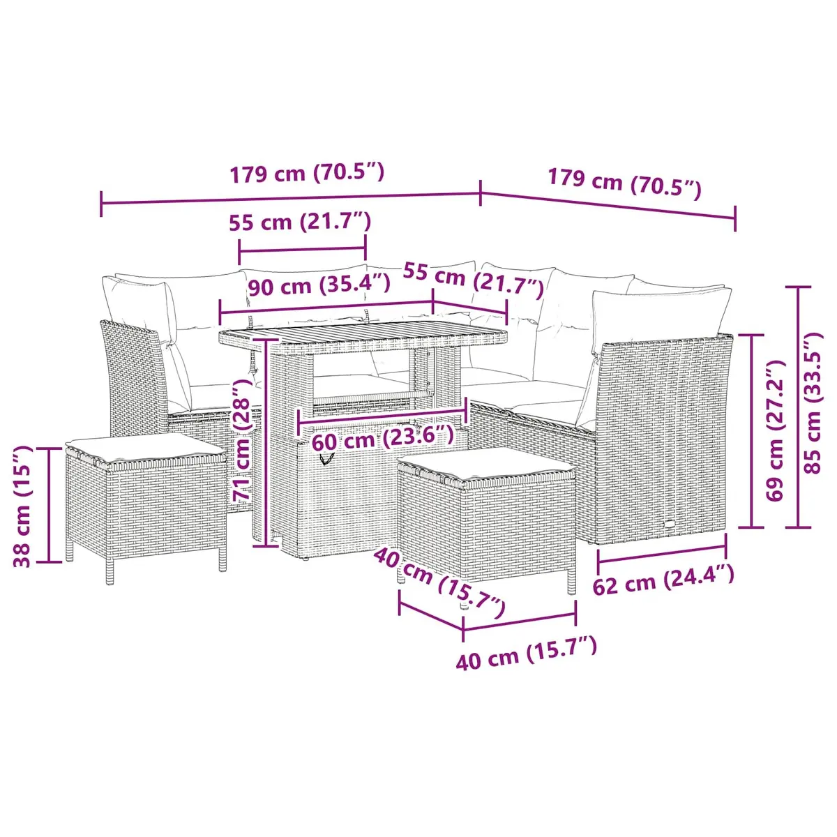 Outdoor Garden Sofa Set Modular Black Poly Rattan 8 Piece