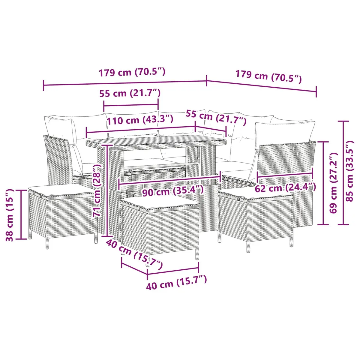 Outdoor Garden Sofa Set 9 Pieces Height Adjustable Modular Patio Furniture Black