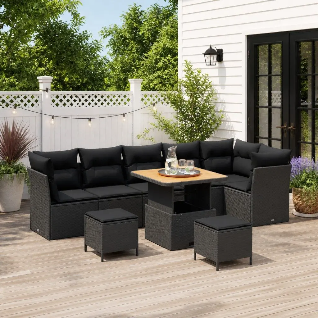 Modular Black Poly Rattan Garden Sofa Set 9 Piece Outdoor Furniture Patio Lounge