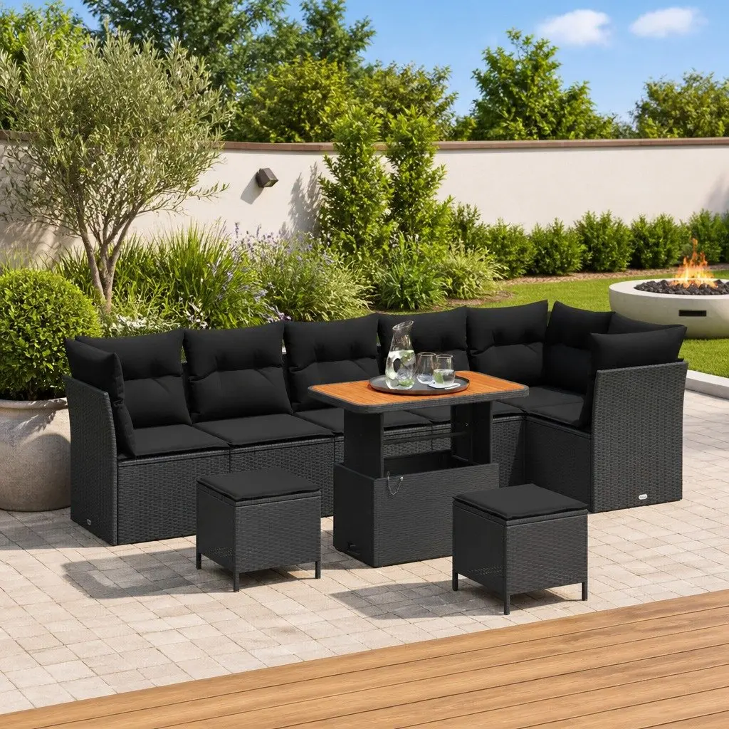 Garden Sofa Set Modular Outdoor Furniture Black Poly Rattan 9 Piece