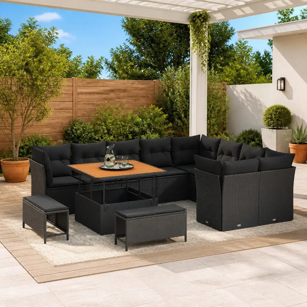 Modular Outdoor Sofa Set 12 Piece Adjustable Height Black Rattan Furniture