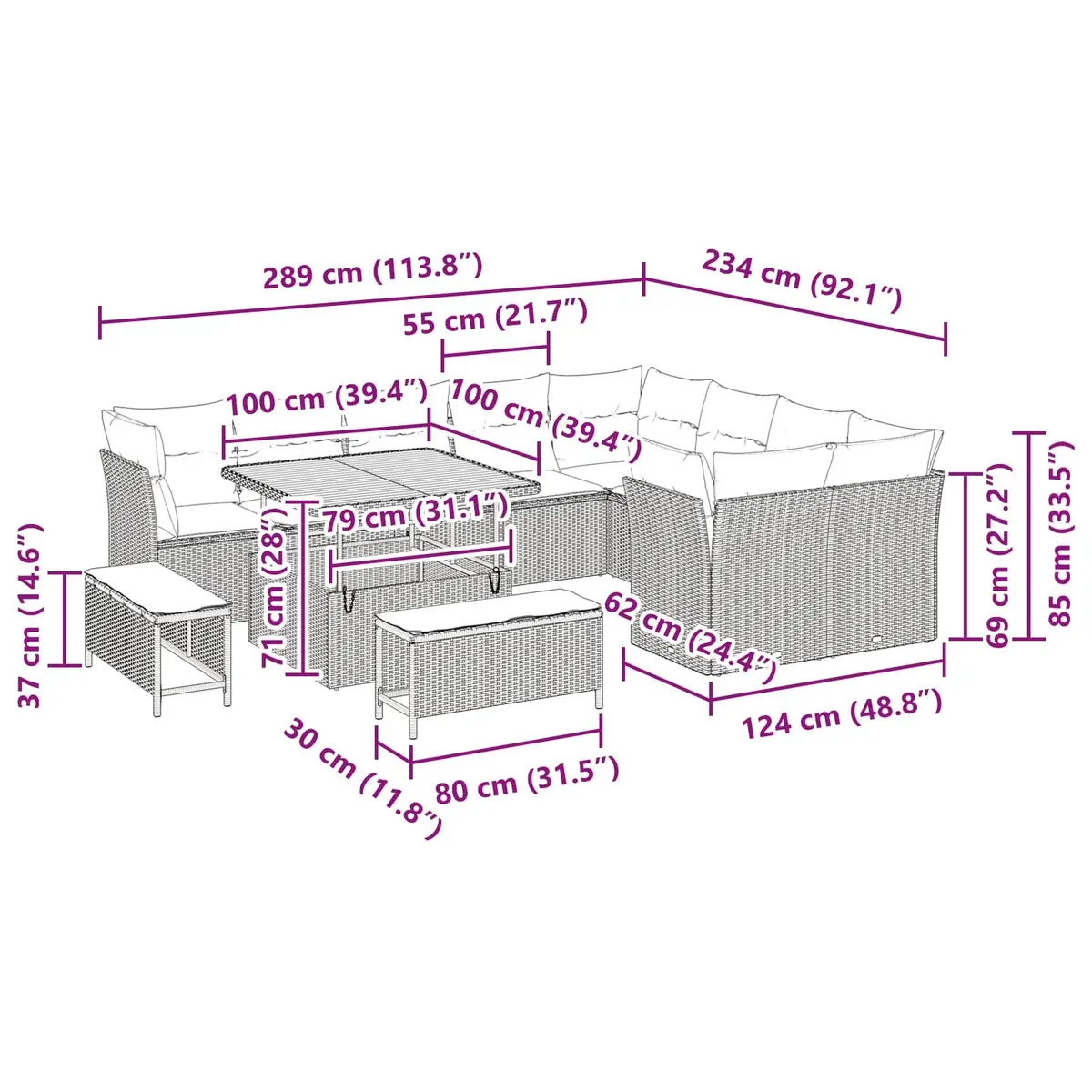 Modular Outdoor Sofa Set 12 Piece Adjustable Height Black Rattan Furniture