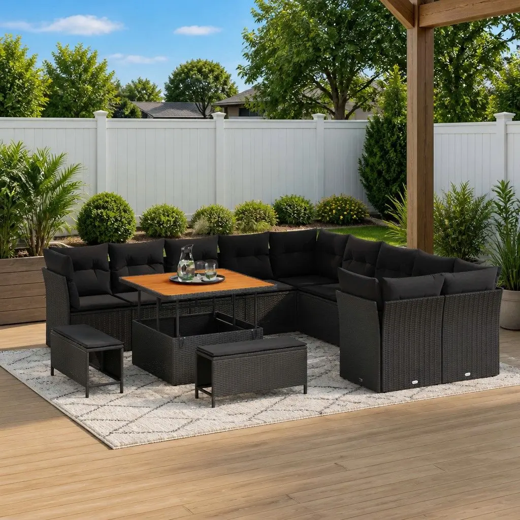 Modular Garden Sofa Set Black Poly Rattan 13 Piece Outdoor Seating