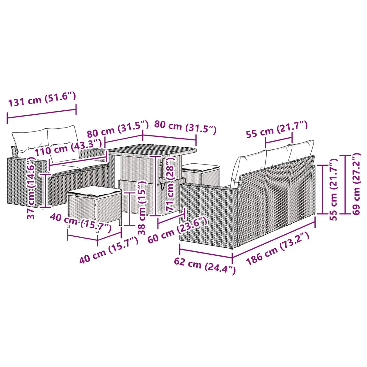 Modular Garden Sofa Set Black Poly Rattan 8 Pieces Outdoor Furniture