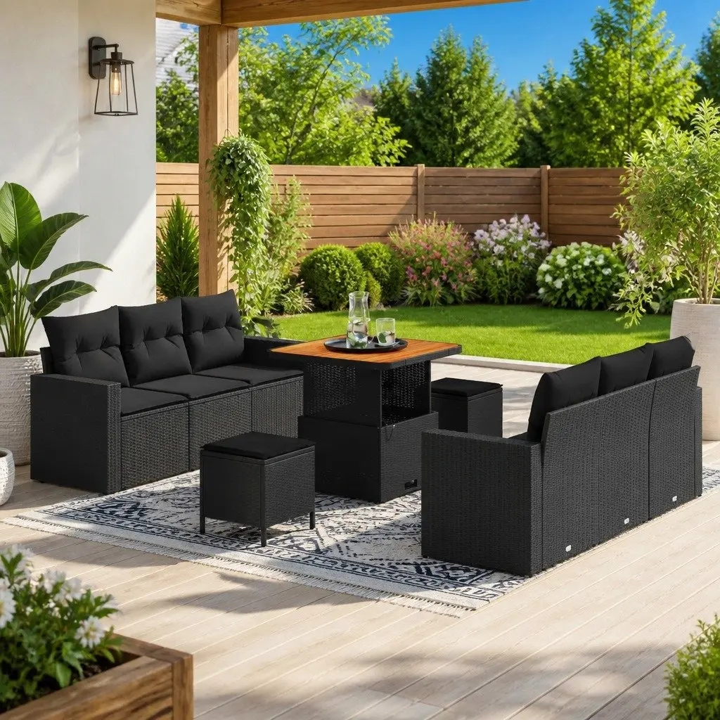 Outdoor Modular Sofa Set 9 Pieces Black Poly Rattan Height Adjustable for Patio Garden