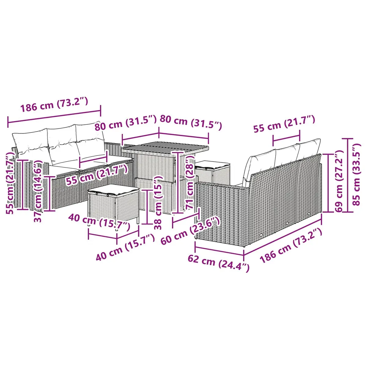 Outdoor Modular Sofa Set 9 Pieces Black Poly Rattan Height Adjustable for Patio Garden