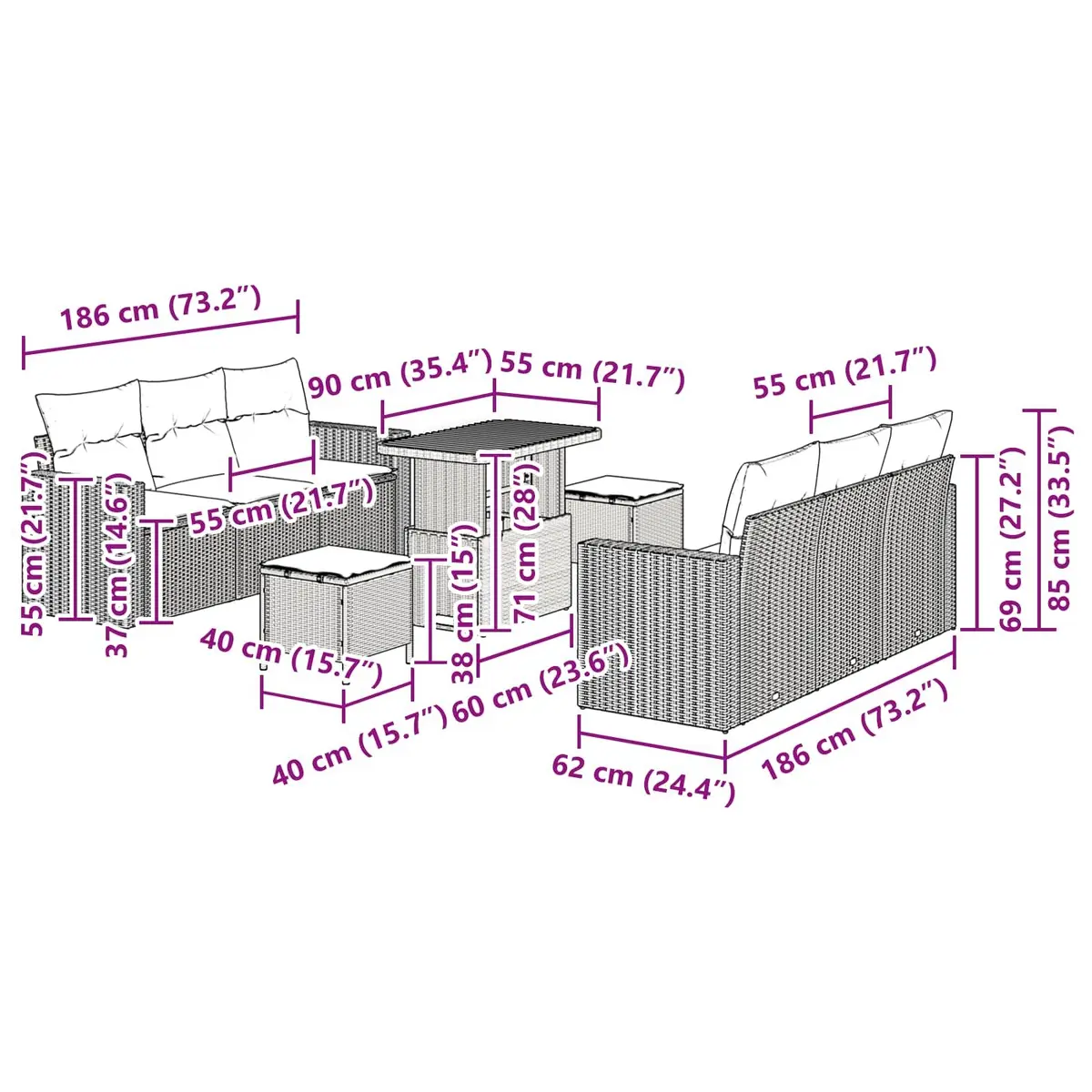 Modular Garden Sofa Set Height-Adjustable Black 9 Pieces