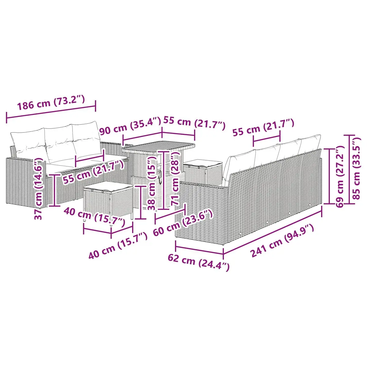 Modular Garden Sofa Set Black Poly Rattan Outdoor Patio Furniture 10 Piece