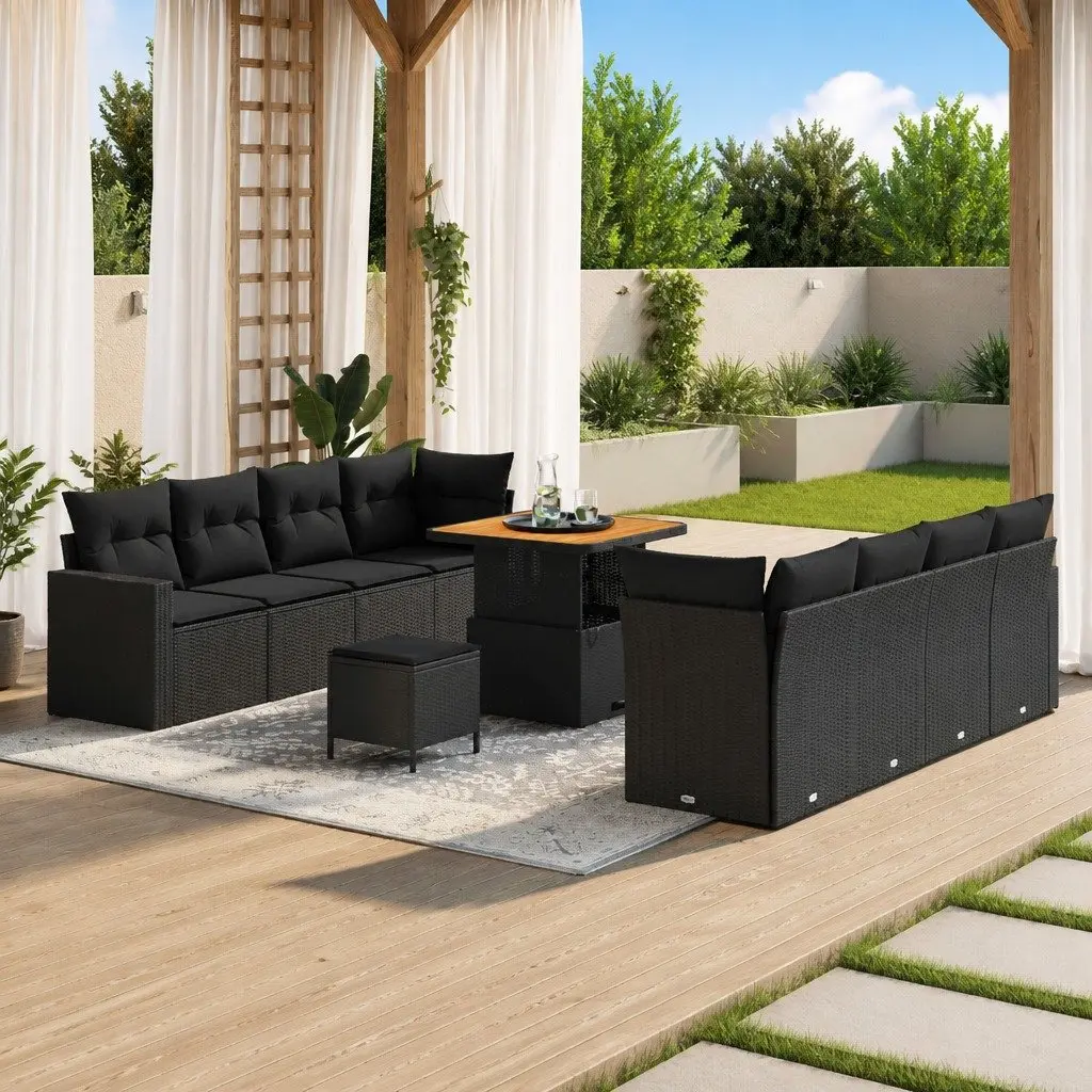 Modular Outdoor Furniture Set 11 Piece Black Poly Rattan Acacia Wood Garden Sofa