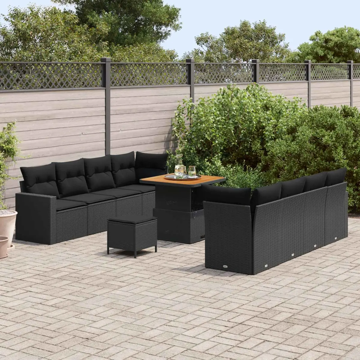 Modular Outdoor Furniture Set 11 Piece Black Poly Rattan Acacia Wood Garden Sofa