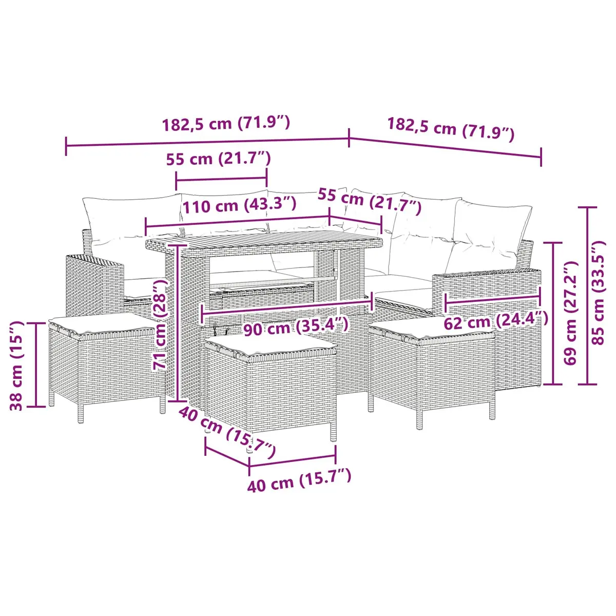Outdoor Garden Sofa Set Modular 9 Piece Black Poly Rattan Seating Collection