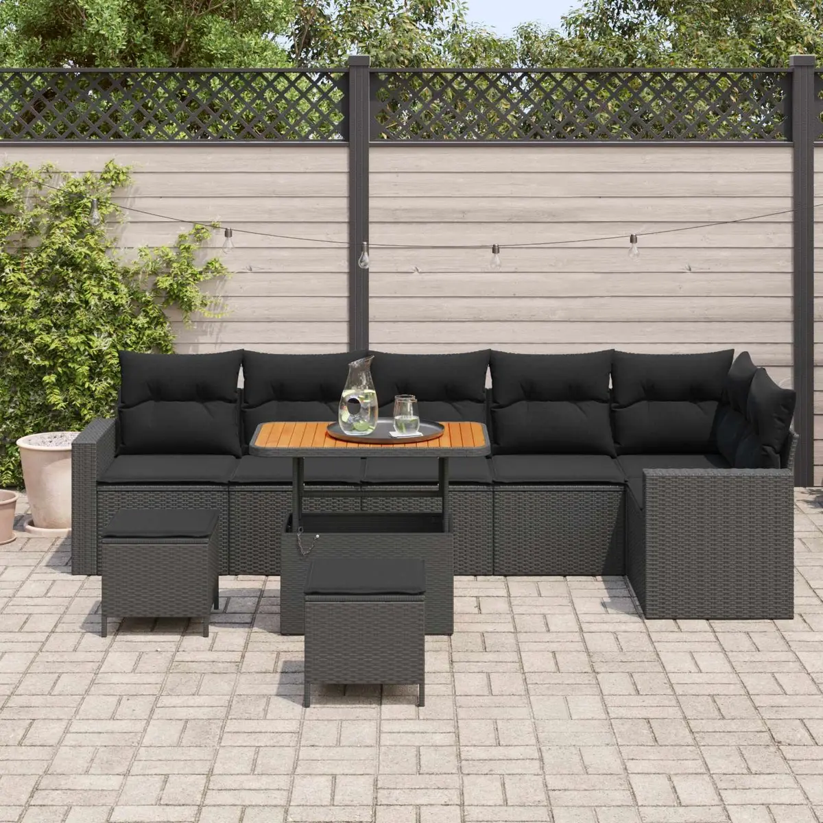 Modular Outdoor Sofa Set 9 Piece Adjustable Height Black Poly Rattan for Garden or Patio Use