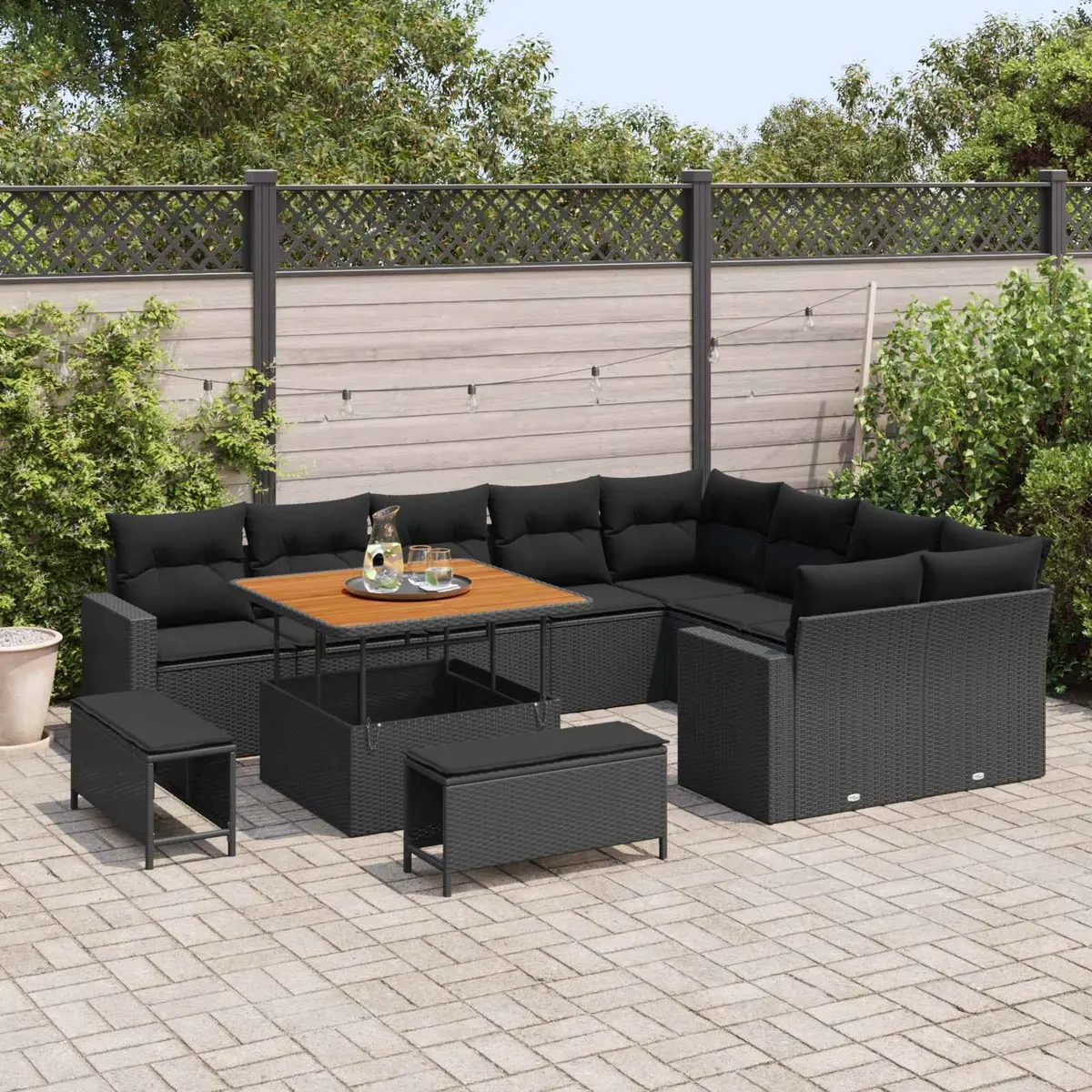 Modular Garden Sofa Set 12 Piece Adjustable Height Black Poly Rattan for Patio Outdoor Living