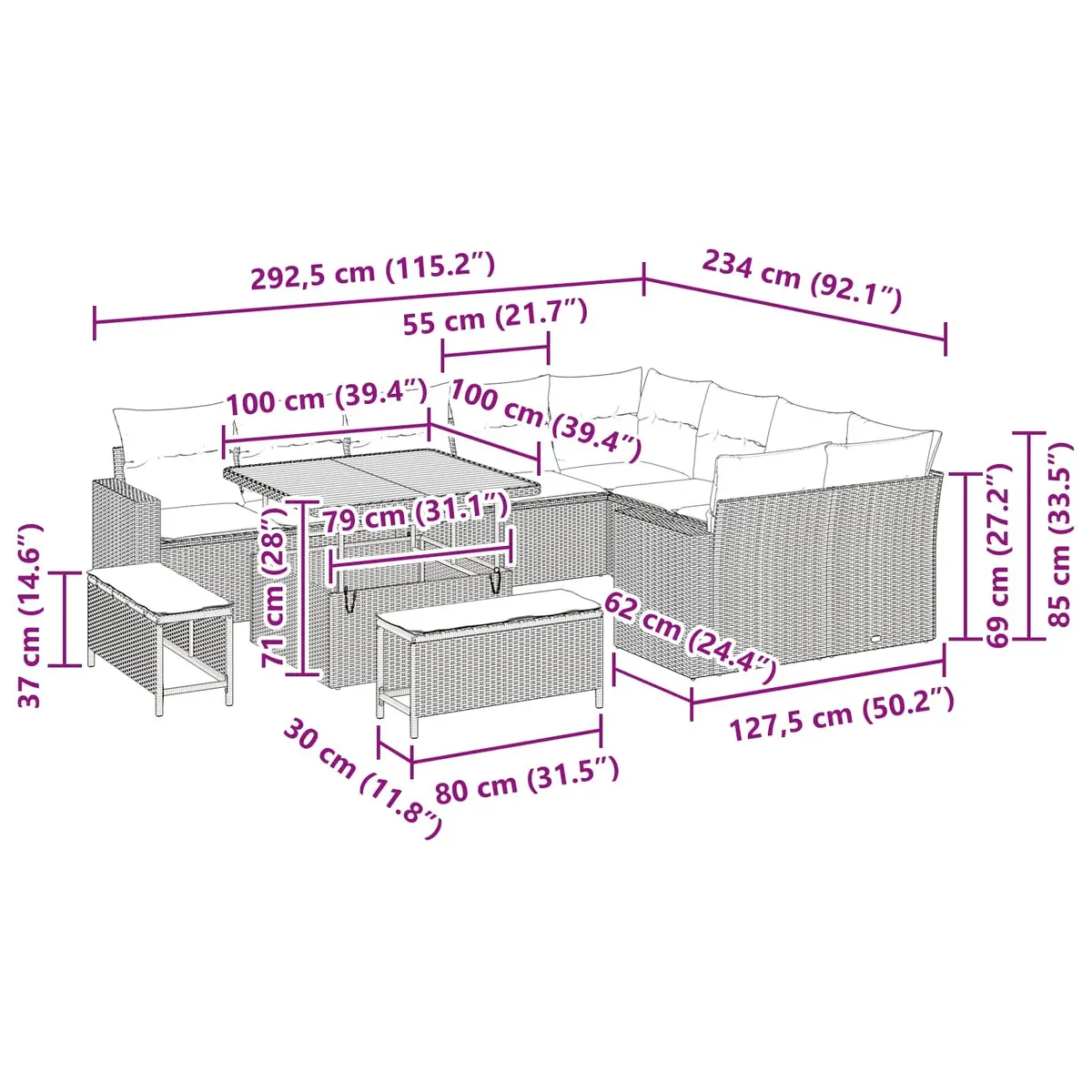 Modular Garden Sofa Set 12 Piece Adjustable Height Black Poly Rattan for Patio Outdoor Living