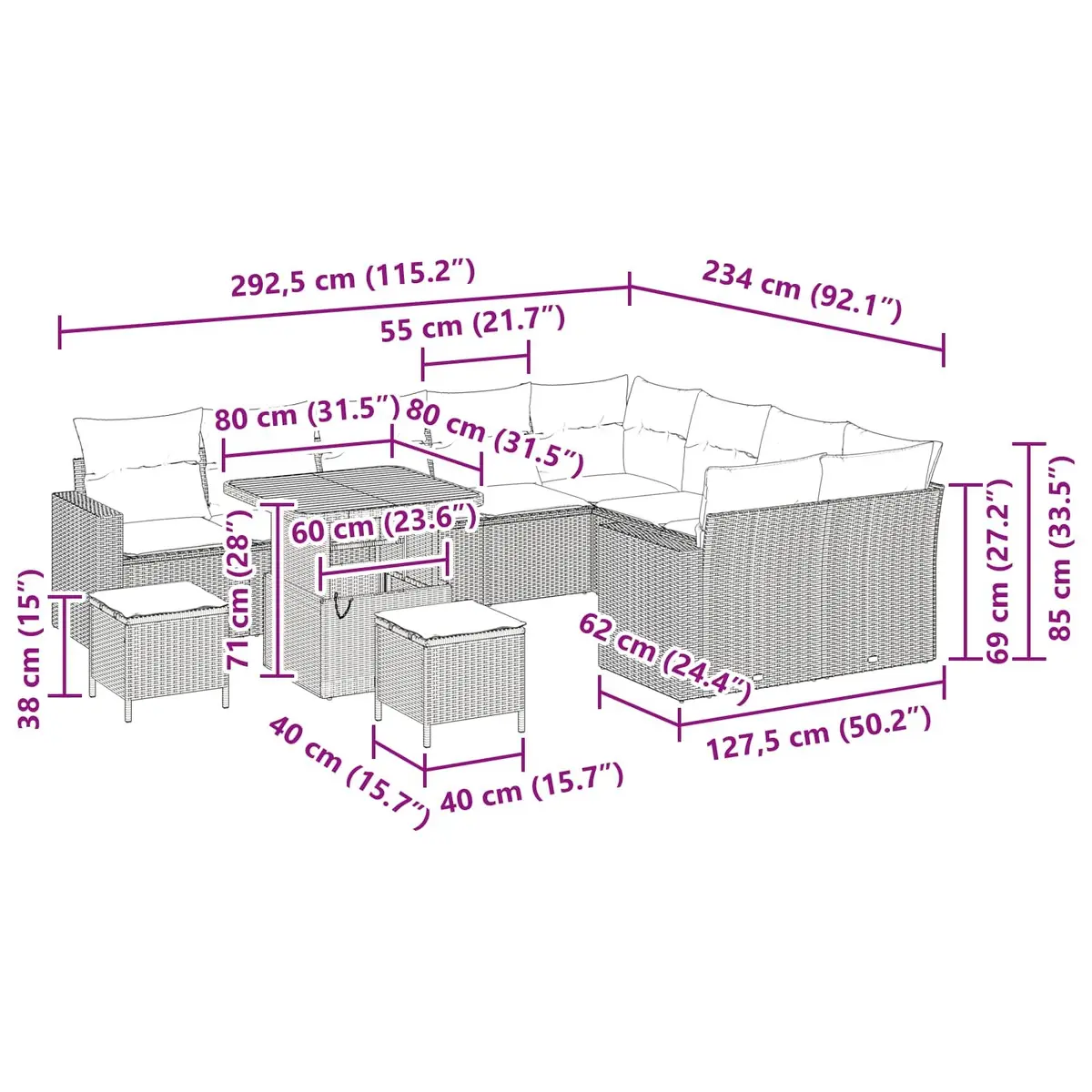 Outdoor Garden Sofa Set 12 Piece Modular Height-Adjustable Patio Furniture