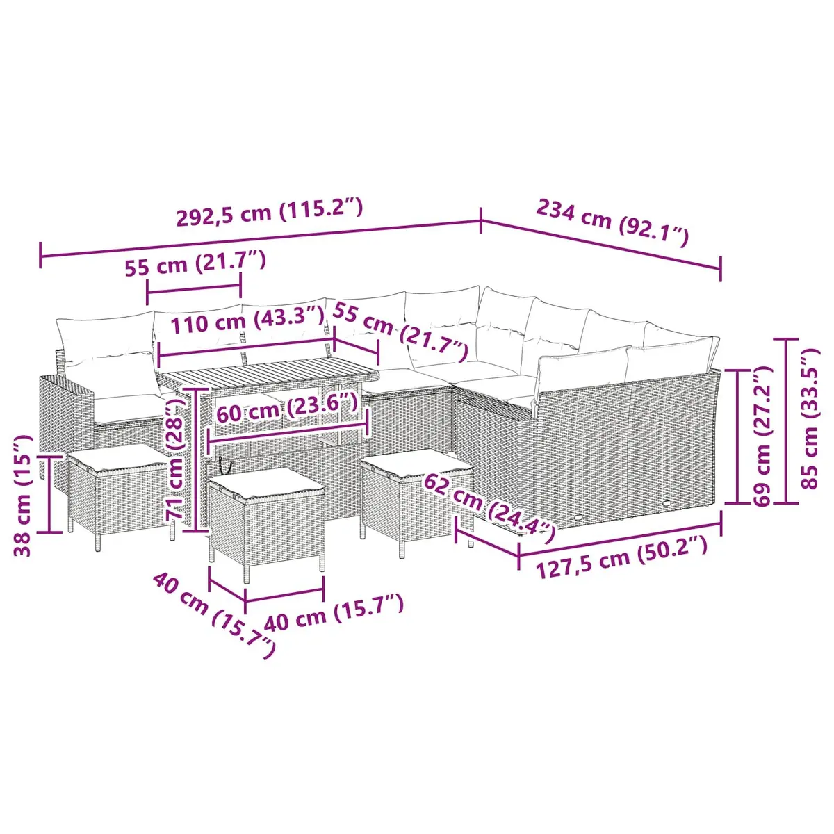 Outdoor Garden Sofa Set 13pc Height-Adjustable Modular Lounge Patio Furniture