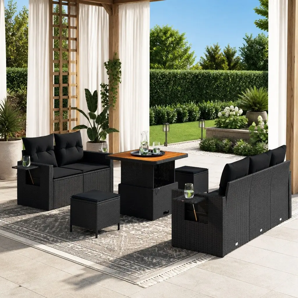 Modular Garden Sofa Set 8 Pieces Outdoor Patio Furniture Black Rattan Seating