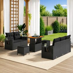 Modular Garden Sofa Set 8 Pieces Outdoor Seating Black Poly Rattan Acacia Wood