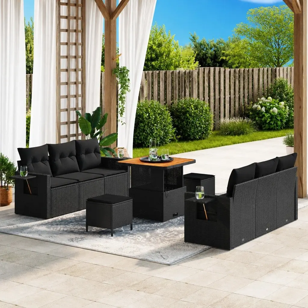 Modular Outdoor Lounge Seating Set Black Poly Rattan with Height Adjustable Tabletop and Removable Cushions