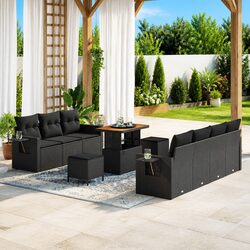 10-Piece Garden Sofa Set with Cushions in Black Rattan