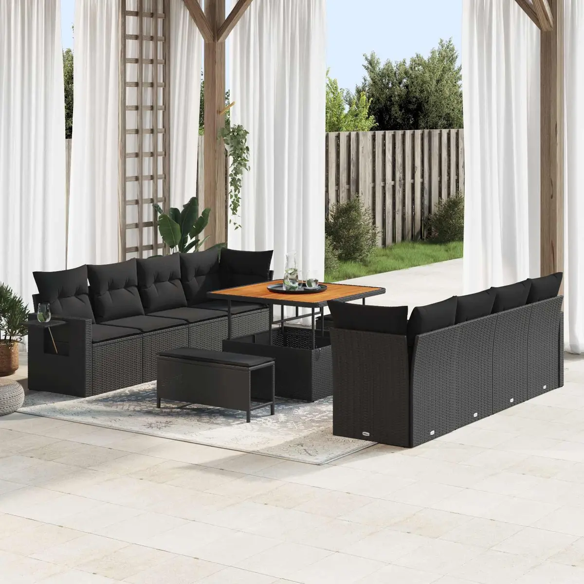 Modular Garden Sofa Set Outdoor Furniture Black Poly Rattan Cushions 11 Pieces