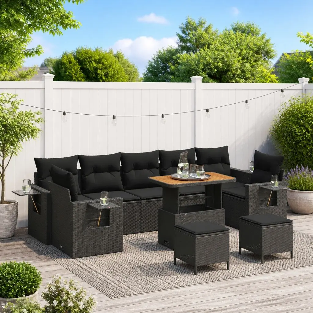 Height-Adjustable Table Modular Sofa Set 10 Pieces Outdoor Black Poly Rattan